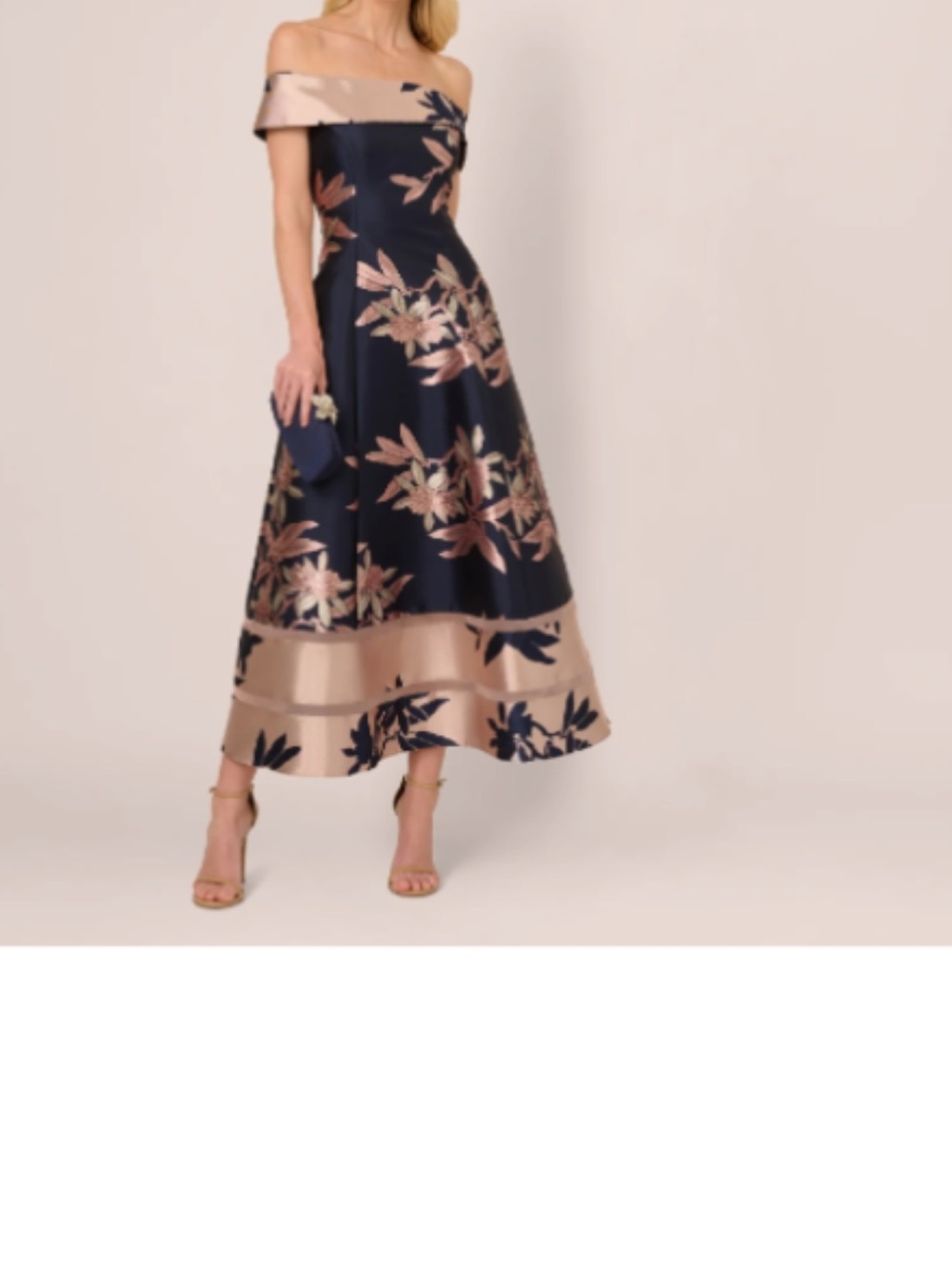 Adrianna Papell Navy and Blush Floral Off-Shoulder Midi Skirt